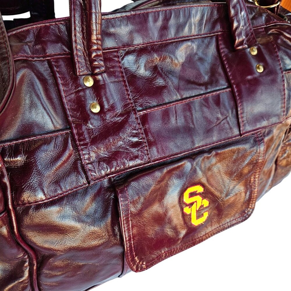 USC Trojans Vintage Patchwork Maroon Leather Duffel 22" Carroll Leather 70s-80s - Picture 3 of 12